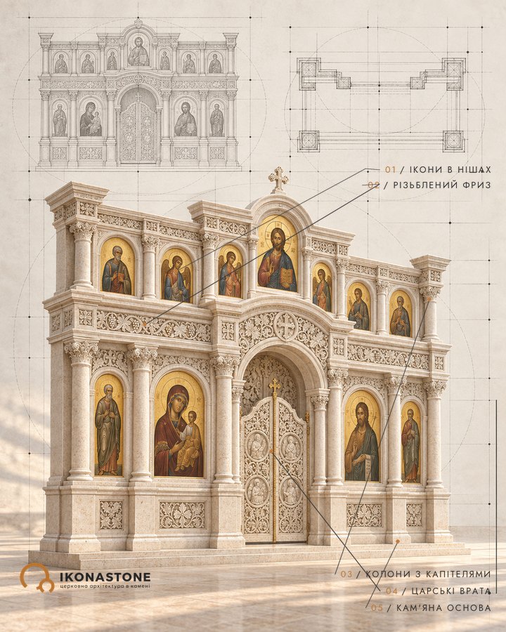 Stone iconostasis: visualisation with elevation and plan drawings