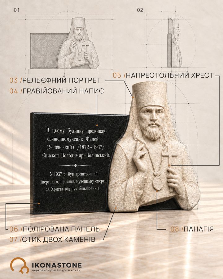 Меморіальна дошка з рельєфним портретом, презентація з кресленнями