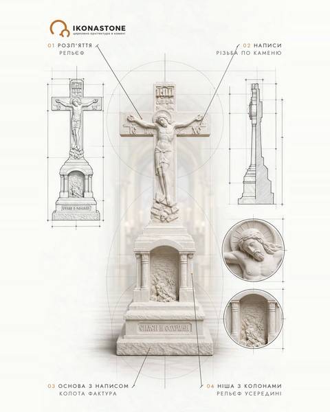 Stone cross with a Crucifixion in relief: a stepped base with an inscription, a niche with two columns, a skull at the foot, a title board at the top
