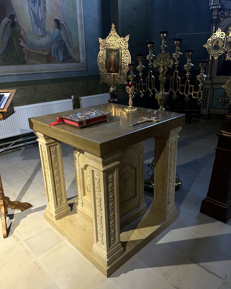 Stone altar table in the sanctuary of a church