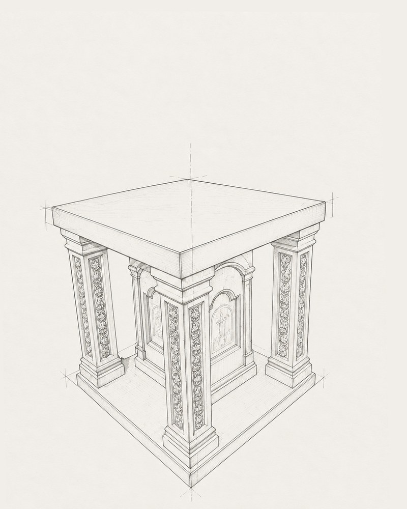 Drawing: Stone altar table in the sanctuary of a church