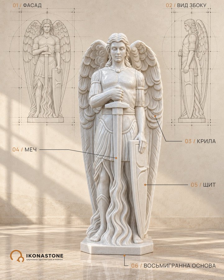 White sculpture of the Archangel Michael with a sword and shield